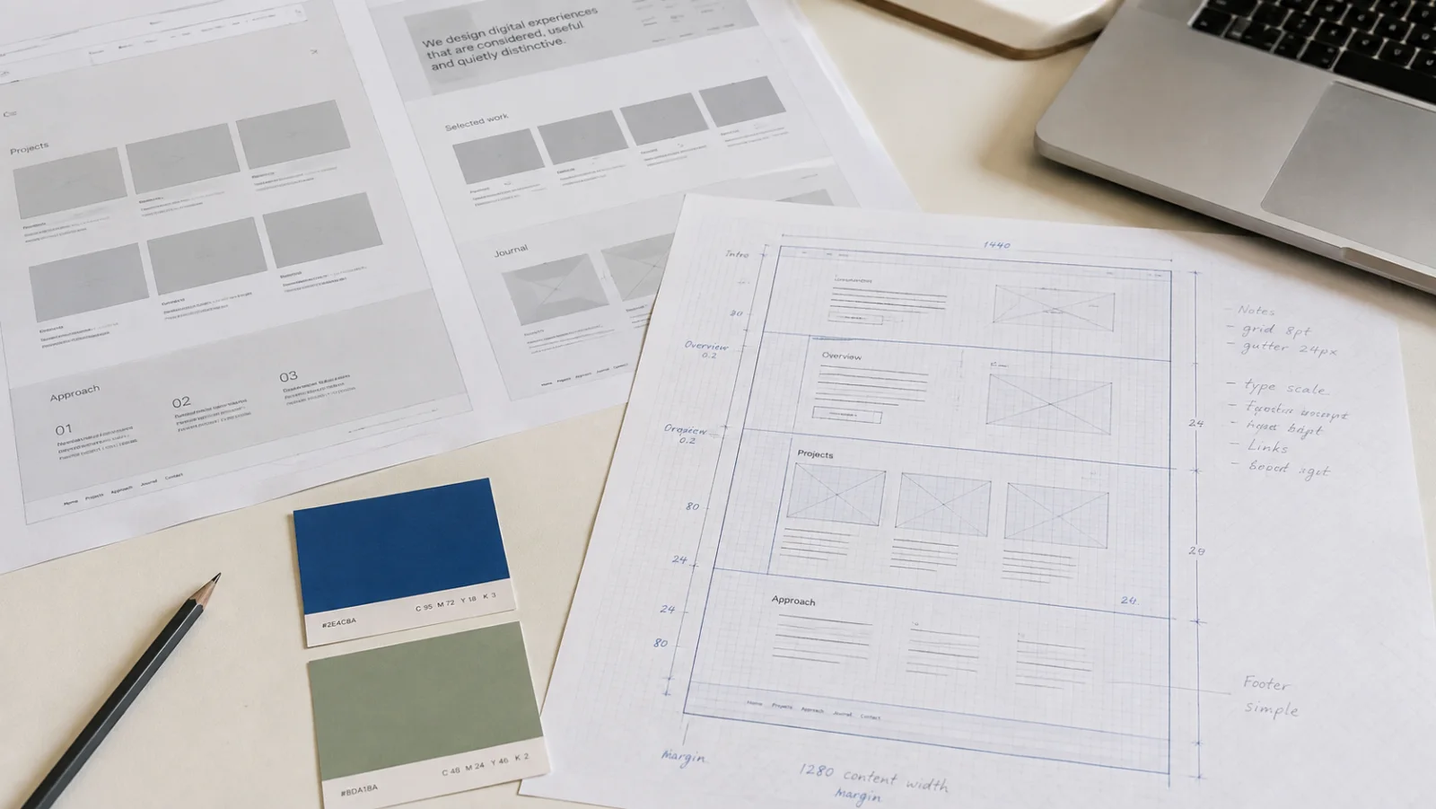 Design system details, interface components and accessibility notes arranged on a working table